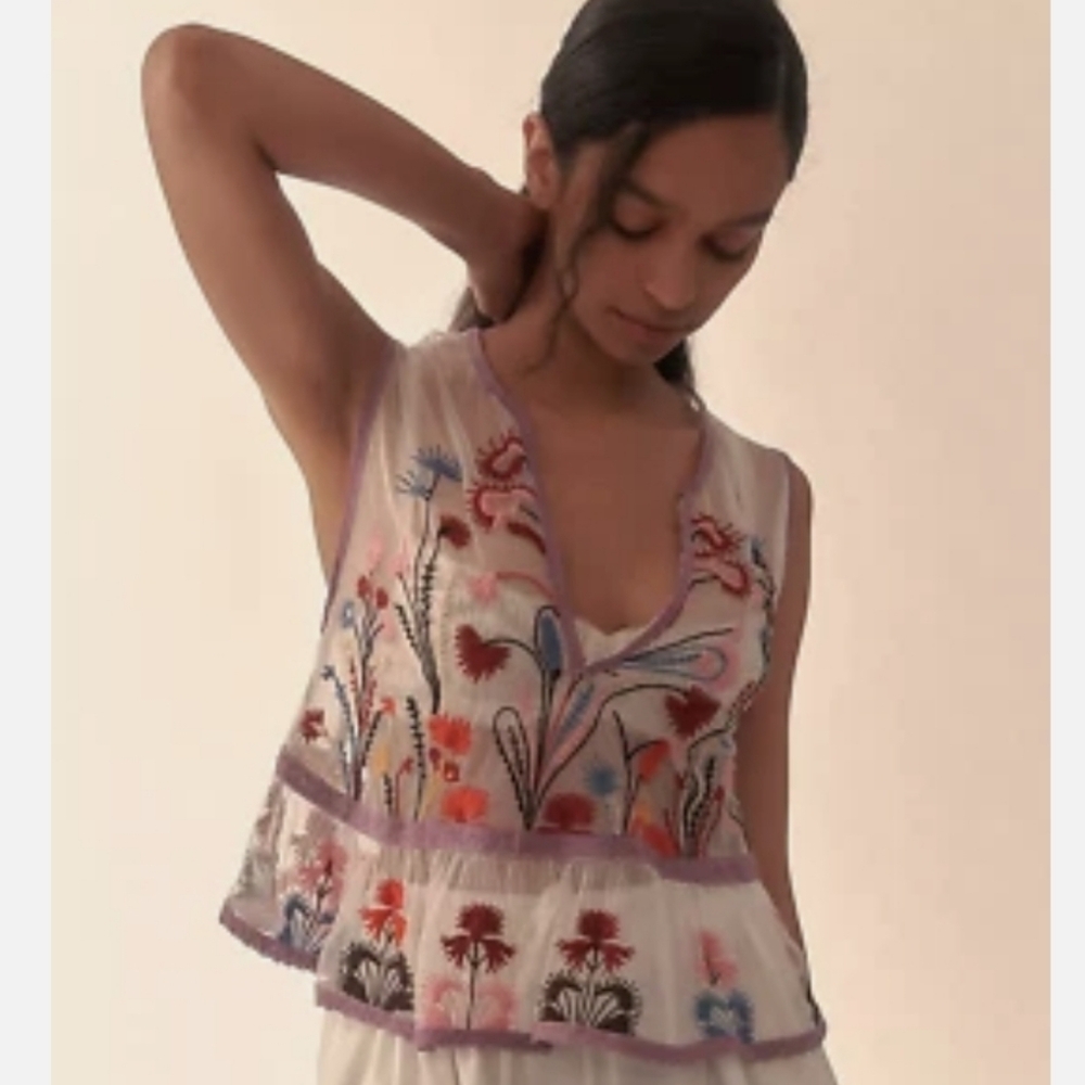 Anthropologie V-Neck Embroidered Peplum Top in Lavender Trim